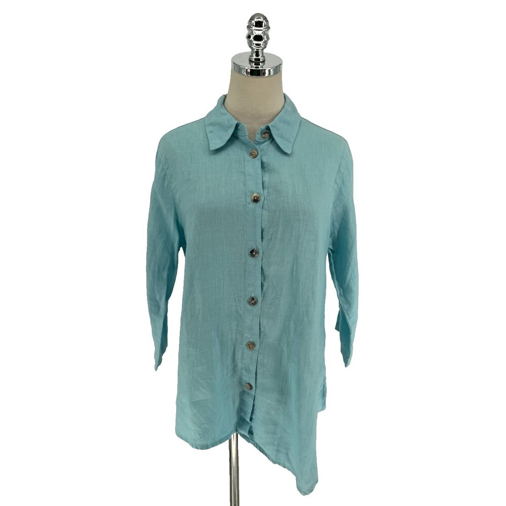 CMC Click 100% Linen Button Down Tunic Shirt Women's Size Medium Aqua Lagenlook